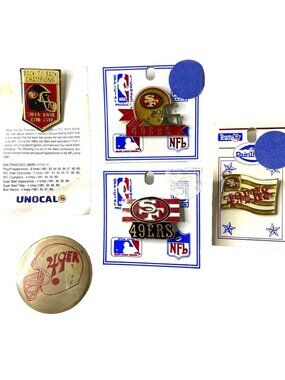 SF 49ers 5 Vtg Pin Button Lot NFL Enamel Hat Lapel Helmet B2B Super Bowl Unocal
